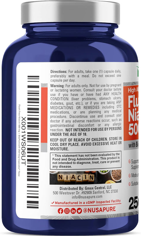 NusaPure Flush Free Niacin 500mg, 250 Caps (Vegan, Non-GMO) with Bioperine
