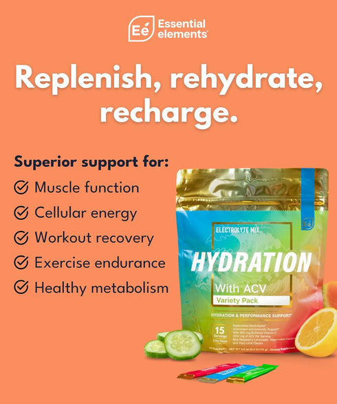Essential Elements Hydration Packets - Sugar Free Electrolytes Variety Pack - 15 Stick Packs with ACV & Vitamin C