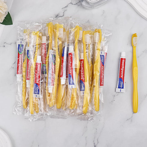 Disposable Toothbrushes with Toothpaste, Pack of 20, Yellow Hollow Toothbrush with 10g Toothpaste Individually Wrapped.