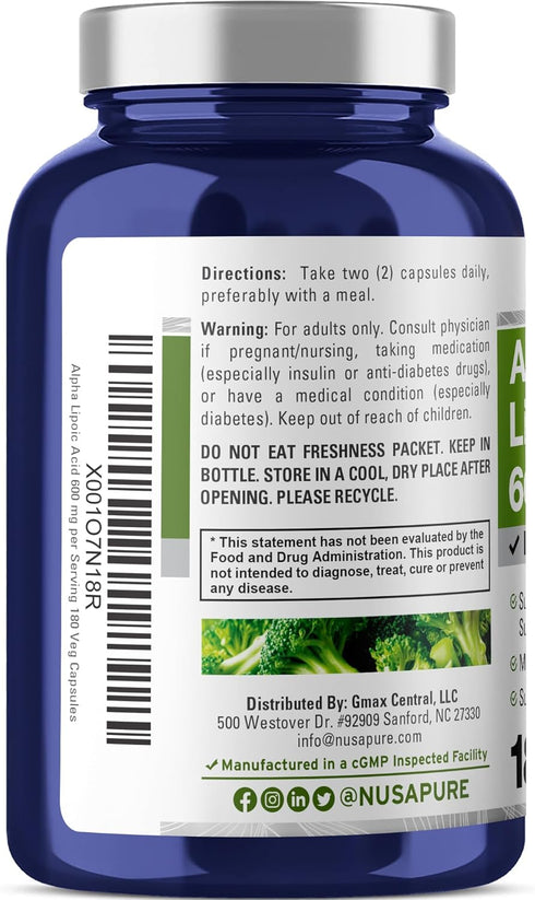 NusaPure Alpha Lipoic Acid 600 mg - 180 Veggie Capsules (Vegan, Non-GMO)