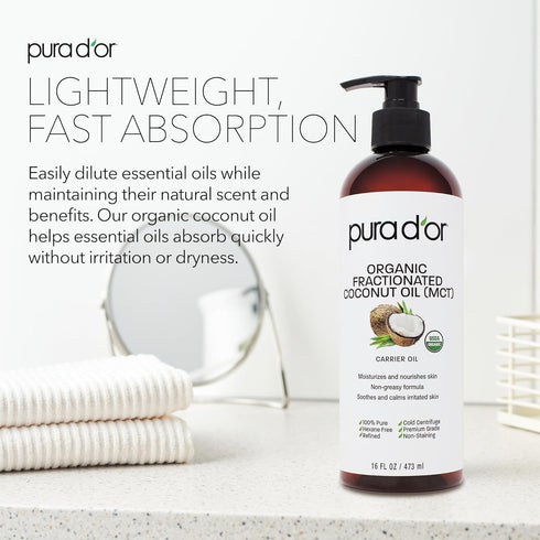 PURA D'OR 16 Oz ORGANIC Fractionated Coconut Oil - 100% Pure & Natural Cold Pressed Carrier Oil for Skin