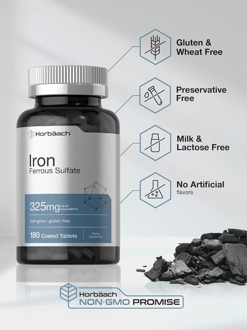 Horbaeach Iron Ferrous Sulfate 325mg | 180 Count | Vegetarian, Gluten Free & Non-GMO Dietary Supplement