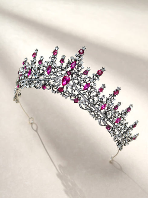 SWEETV Hot Pink Rhinestone Crystal Tiara Crown for Women, Antique Silver Metal Headband for Prom Birthday