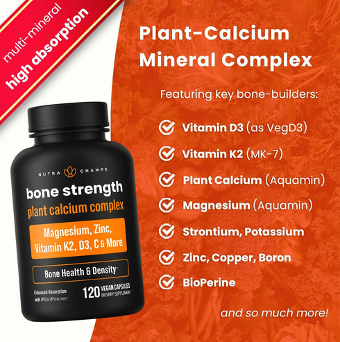 Calcium Supplement for Bone Strength, Plant Calcium Citrate + Vitamin D3, K2, Magnesium, Zinc, Potassium, Boron &
