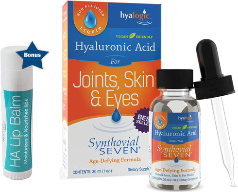 Hyalogic Liquid Synthovial Seven - Oral Hyaluronic Acid Supplement 1oz with Bonus Lip Balm for Skin & Lip Hydration