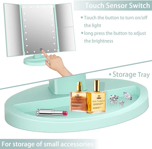 Tri-fold Lighted Vanity Makeup Mirror, 21 LEDs, 3x/2x Magnification, Touch Screen, 180 Degree Free Rotation - Green