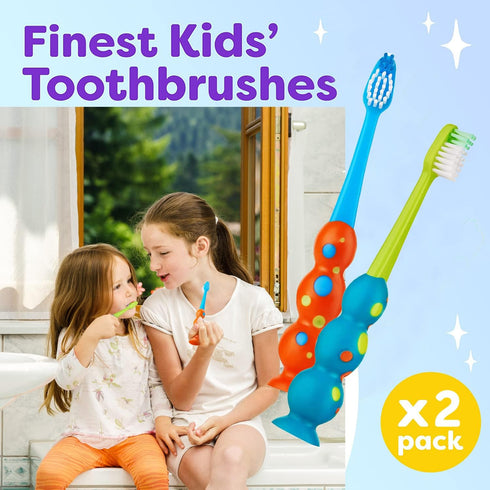 Kids Toothbrush 2 Pack - Soft Contoured Bristles, Child Sized Brush Heads (3-10 Years Old) - Suction Cup Storage (Blue