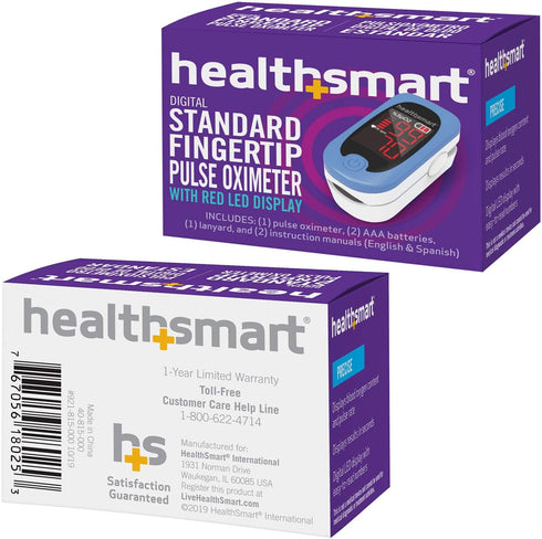 HealthSmart Pulse Oximeter for Fingertip, Displays Blood Oxygen Saturation, Pulse Rate with LED Display, Batteries