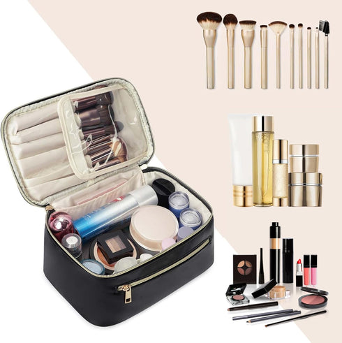 Makeup Bag, Travel Organizer Cosmetic Brush Case for Women in Vegan Leather, Black