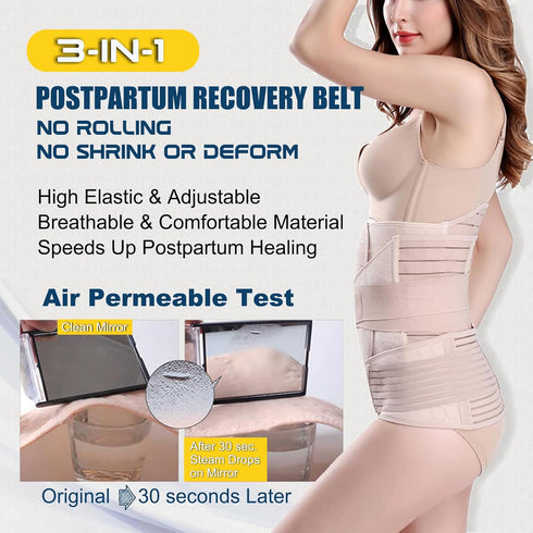 ChongErfei 3 in 1 Postpartum Support Recovery Belly Wrap Waist/Pelvis Belt Body Shaper, XL Beige