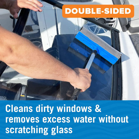 Window Squeegee with Long Handle and Scrubber for Car, Boat, RV Windows, Windshields, Shower Glass Doors, Cleaning Tool
