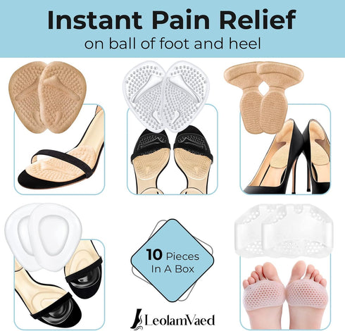 Reusable Metatarsal Pads for Women, 10 Pieces Ball of Foot Cushions, Washable High Heel Inserts