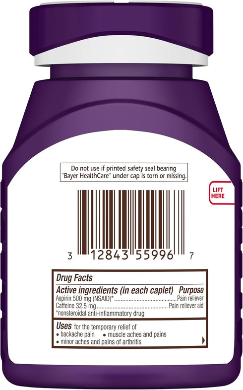 Bayer Extra Strength Aspirin 500mg Plus Caffeine for Powerful Pain Relief, 200 Coated Caplets