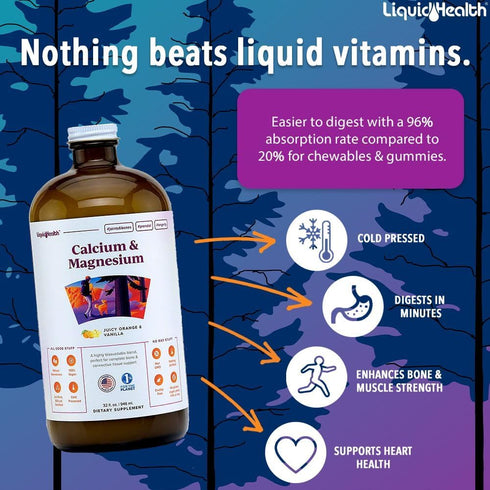 LIQUIDHEALTH 32 Fl Oz Calcium and Magnesium Liquid Supplement Joint and Bones Tissue Support, Citrate Vegetarian Natural Non GMO, Vitamin D3