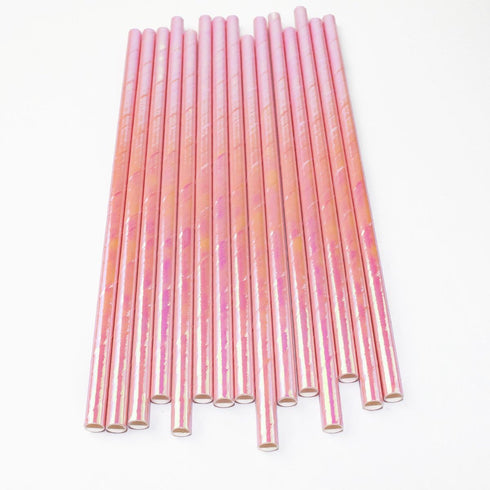 Iridescent Pink Coral Cocktail Paper Straws, Disposable 7.75 Inches, Pack of 100