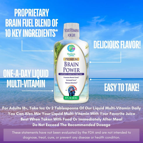 Tropical Oasis - Brain Power Liquid Nootropic Supplement for Mental Clarity, Focus, and Memory Retention (Unflavored,