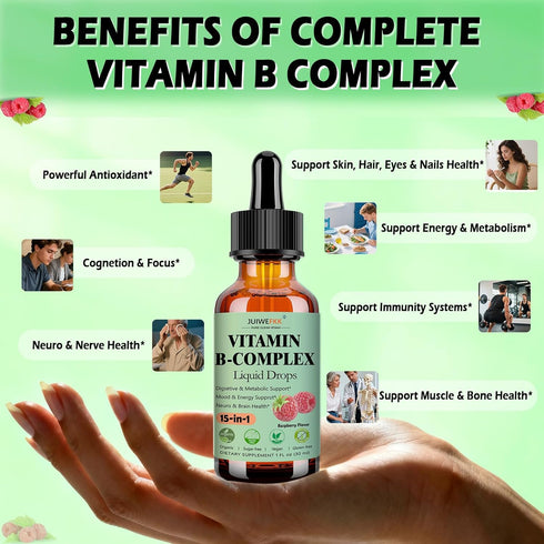 JUIWEFKK 15-in-1 B12 B6 B1 Vitamin B Complex Liquid Drops for Women Men & Kids, VIT B Complex with Vitamin C Niacin
