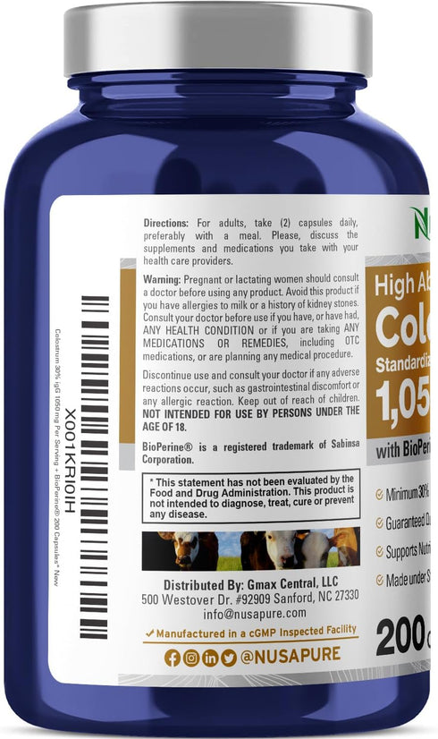 NusaPure Colostrum 1050mg, 30% IgG, 200 capsules, Non-GMO, Soyfree, with Bioperine
