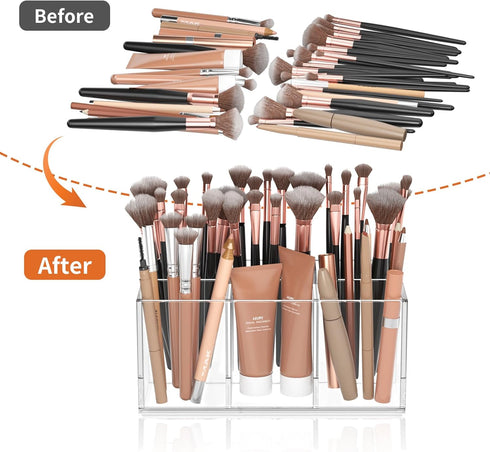 HIIMIEI Clear Acrylic Makeup Brush Holder Organizer - 6-Slots Cosmetic Brushes Storage for Vanity Countertop