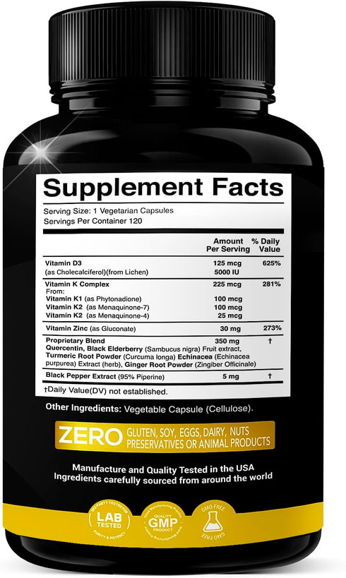 Vitamin D, K2, K1, Zinc, Quercetin, Elderberry, Turmeric, Ginger & Echinacea Whole Food Supplement 8 in 1- D3 5000 IU Plant-Based from Lichen, Vitamin K (K2 MK7, MK4, K1), D3 K2 Vitamins -120 Capsules