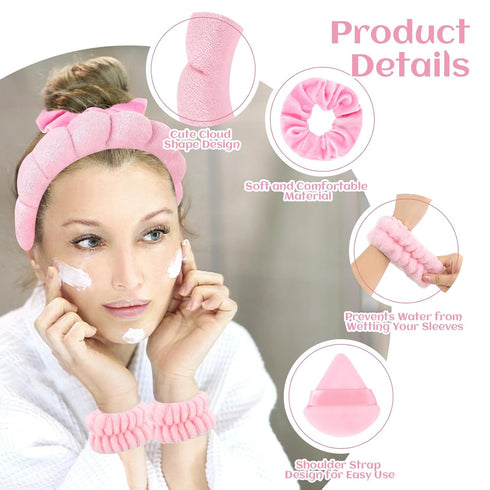 7Pcs Puffy Spa Headband and Wristband Set, Skincare Headband for Washing Face, Makeup Removal Accessories (Pink)