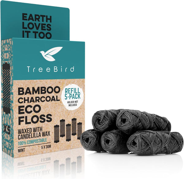Biodegradable Bamboo Charcoal Eco Floss Refills, 5-Pack, Vegan & Cruelty-Free Dental Care