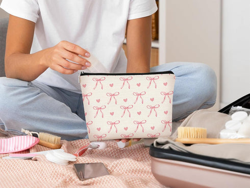 Pink Coquette Bow Aesthetic Makeup Cosmetic Bag, Cute Trendy Preppy Makeup Pouch, Gifts for Preppy Stuff