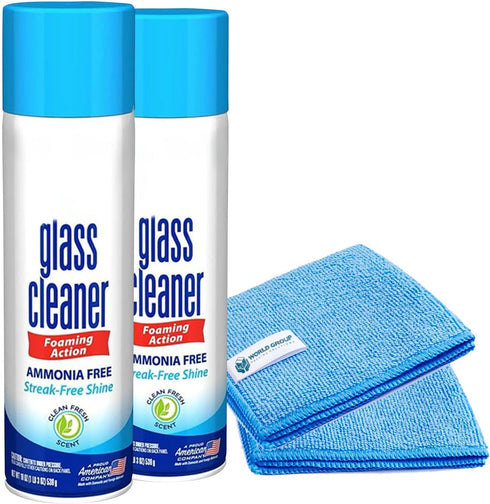 World Group Packing Solutions Glass Cleaner Foam, 19oz - 2 Pack, Fresh Scent with 2 Microfiber Rags