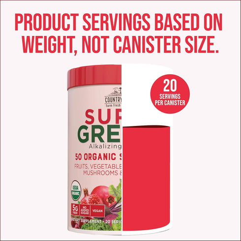 Country Farms Organic Super Greens Berry Flavor Drink Mix, 50 Organic Super Foods, 5g Fiber, USDA Organic