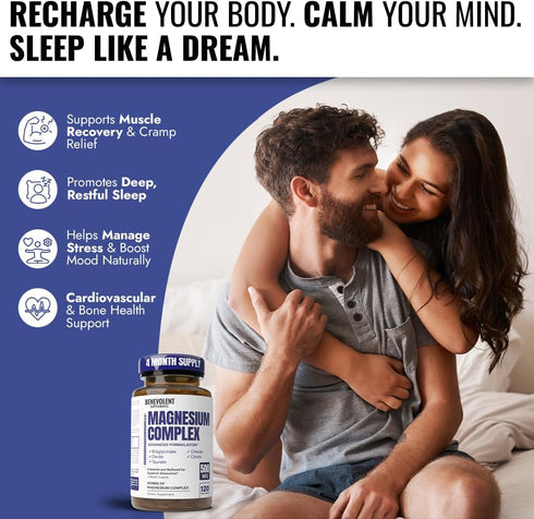 Magnesium Complex Supplement, 4 Month Supply of 500mg 5-in-1 Bisglycinate, Oxide, Taurate, Aspartate, Citrate for Calm,
