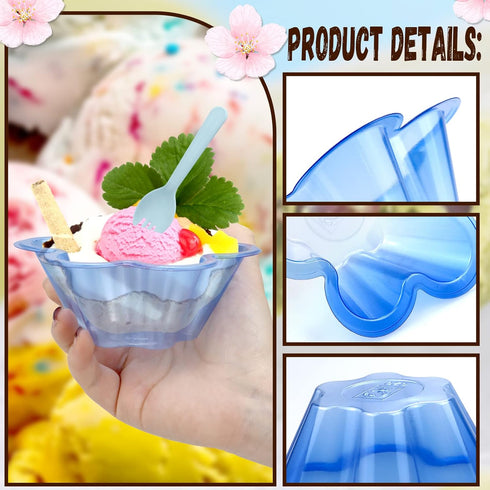 100 Pack 8oz Ice Cream Cups, Flower Shape Plastic Dessert Bowls for Fruit, Yogurt, Sundae, Appetizers (Colorful)