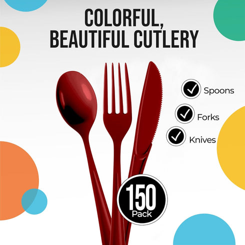 150 Pack Burgundy Plastic Cutlery Set, Plastic Silverware Heavy Duty, Plastic Utensil Sets, 50 Plastic Forks 50 Plastic Spoons 50 Plastic Knives Disposable Cutlery Set For Party Supplies Exquisite by Exquisite