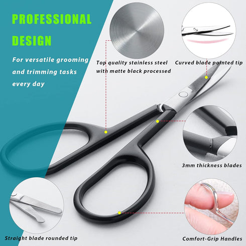 Small Grooming Scissors for Facial Hair - Eyebrow, Nose Hair, Mustache, Beard Trimming Kit - 2PCS Black with Cover