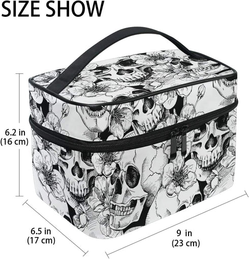 Makeup Train Case Sugar Skull Mexican Floral, Portable Zip Travel Cosmetic Brush Organizer for Girls Women