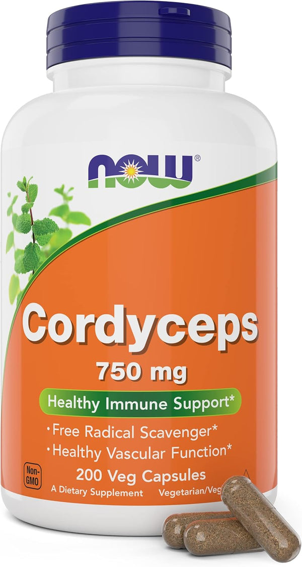 NOW Foods Cordyceps 750mg 200 Veg Caps - Organic Cordycep Sinensis Mycelium Mushroom in Non-Organic Capsules - Vegan,