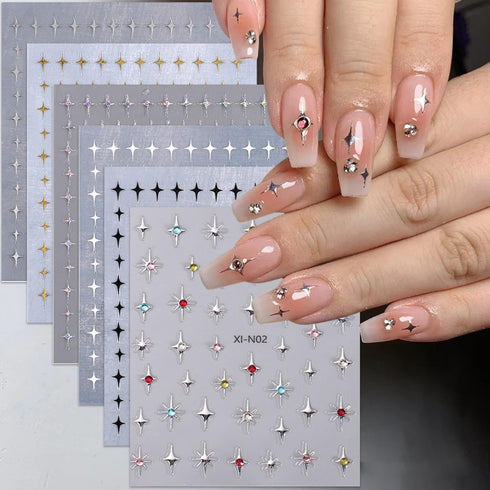 Star Nail Stickers for Nail Art 3D Glitter Starlight Self-Adhesive Decals 6 Pcs Laser Gold Silver Black White