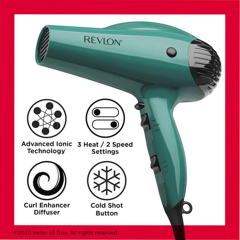 Revlon Volume Booster Hair Dryer, 1875W for Voluminous Lift and Body, Green