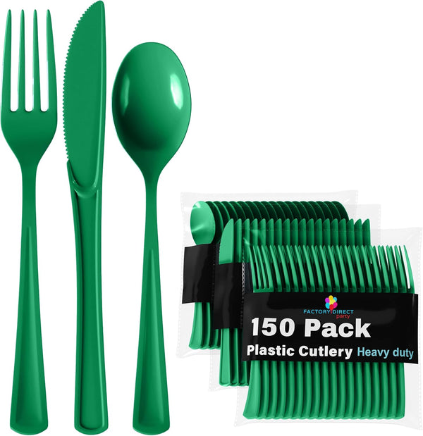 150 Pack Green Plastic Cutlery Set - Heavy Duty Disposable Utensils, 50 Forks, 50 Spoons, 50 Knives