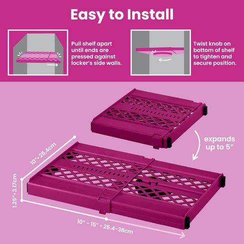 LockerMate Adjust-A-Shelf Locker Shelf, Extends to Fit Your Locker, Easy to Use, Perfect for School, Office, Gym, Pink,