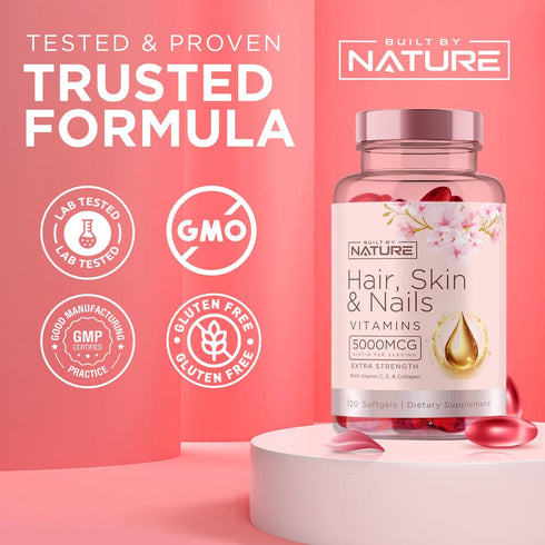 Hair Skin and Nails Vitamins, 120 Softgels | 5000mcg Biotin with Vitamin C, E, Collagen, and Hyaluronic Acid
