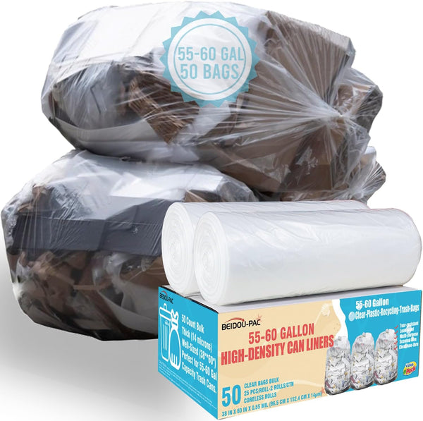 55-60 Gallon Trash Bags - 50 Count Bulk, Heavy Duty Clear Plastic Recycling Bags for Home, Commercial, Outdoor Use