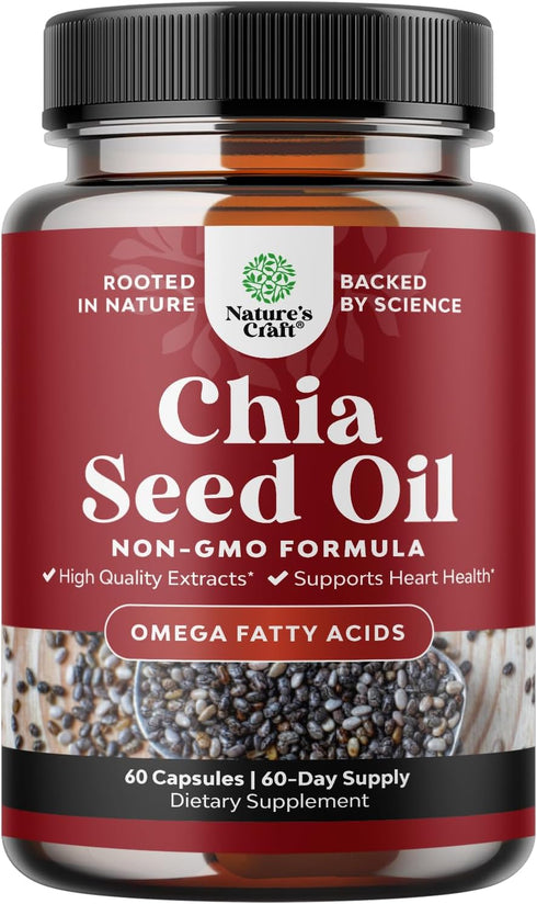 Chia Seed Oil Extract Capsules, Plant Based Omega 3 6 9 Supplement, Daily Fiber Capsules for Digestive Support