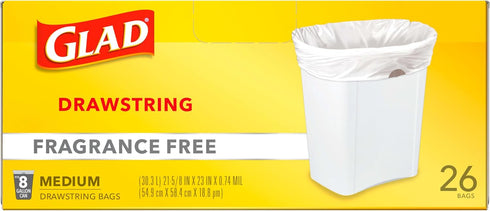 Glad Trash Bags, Medium Drawstring Garbage Bags, 8 Gallon, 26 Count, White, Fragrance Free, Pack May Vary