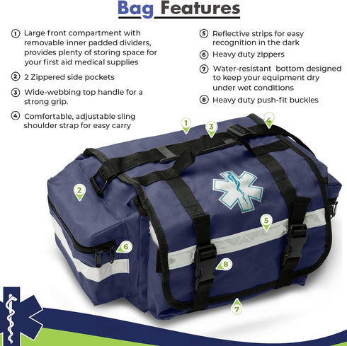 NOVAMEDIC 17" 9" 7", Professional Empty Blue First Responder Bag, x x EMT Trauma First Aid Carrier for Paramedics