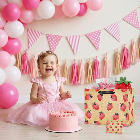 Strawberry Birthday Gift Bag for Girls Sweet Berry Gift Wrap Bags with Handle Tissue Paper Card Strawberry Wrapping