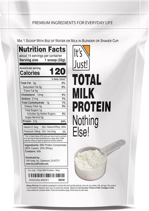 It's Just! - Milk Protein Concentrate, Contains 80% Casein / 20% Whey, No Added Sugar (1 Pound (Pack of 1), Unflavored)