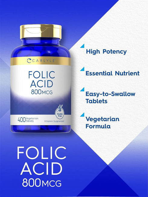 Carlyle Folic Acid 800 Mcg Tablets | 400 Count | Vegetarian, Gluten Free, Non-GMO Supplement