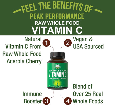 Peak Performance Raw Whole Food Natural Vitamin C Capsules from Acerola Cherry, Vegan USA Sourced, 90 Pills, 500 mg
