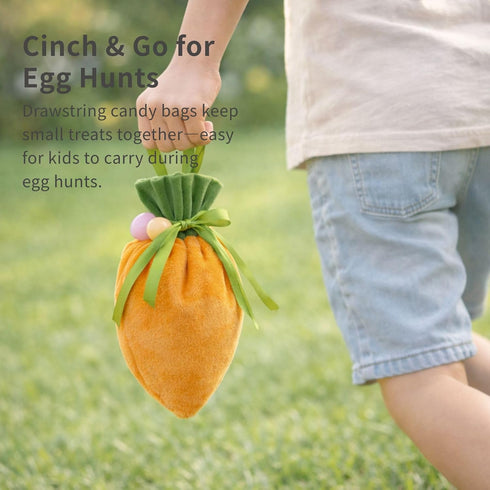 MiYarBoO 8.3 5.1 12 Pack) Easter Treat Bags, Velvet Carrot Drawstring Candy Pouches with Hang Tags & Cotton Strings