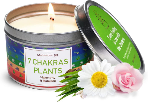 MAGNIFICENT 101 7 Chakras Plants Smudge Candle, Natural Soy Wax Tin Candle for Harmony and Balance, Energy Cleansing
